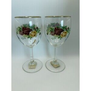 Set of 2 Royal Albert Old Country Roses Goblets Royal Doulton Gold Rim 7.25”